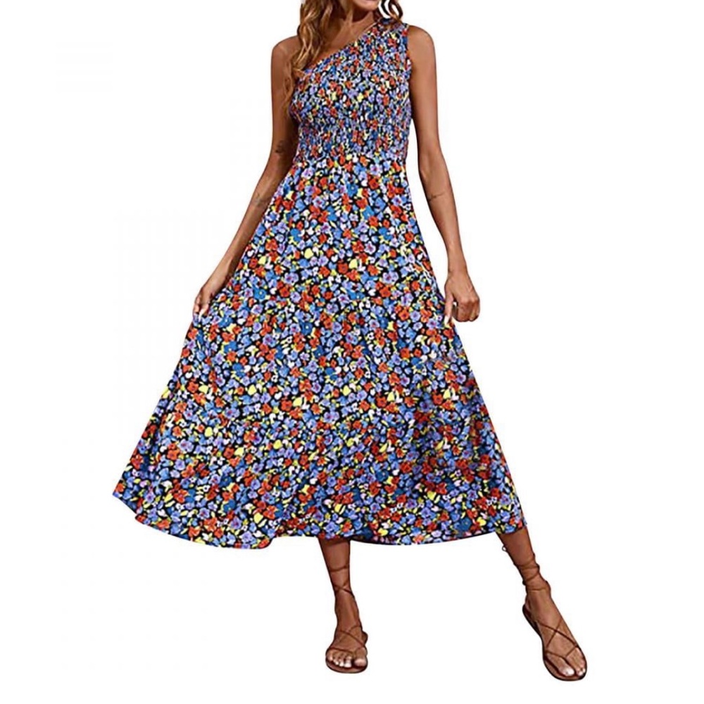 NWOT Womenโs small one shoulder smocked, tiered dress.